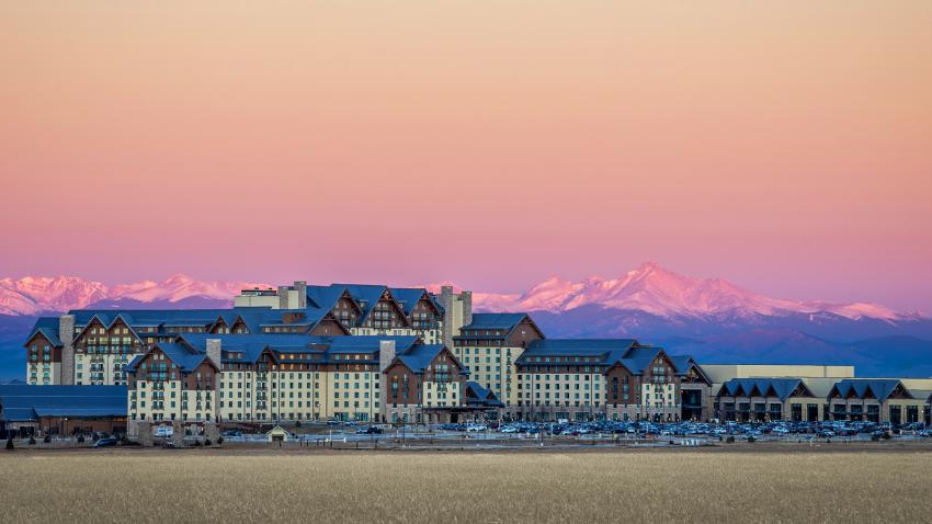Gaylord Rockies Resort & Convention Center in Aurora Colorado at sunset