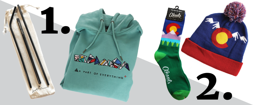 Hats, sweatshirts, socks, and reusable straws from businesses in Aurora, Colorado