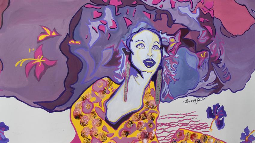 Afro Flower Lady mural by Jiacuy Roche in Aurora Colorado at Stanley Marketplace