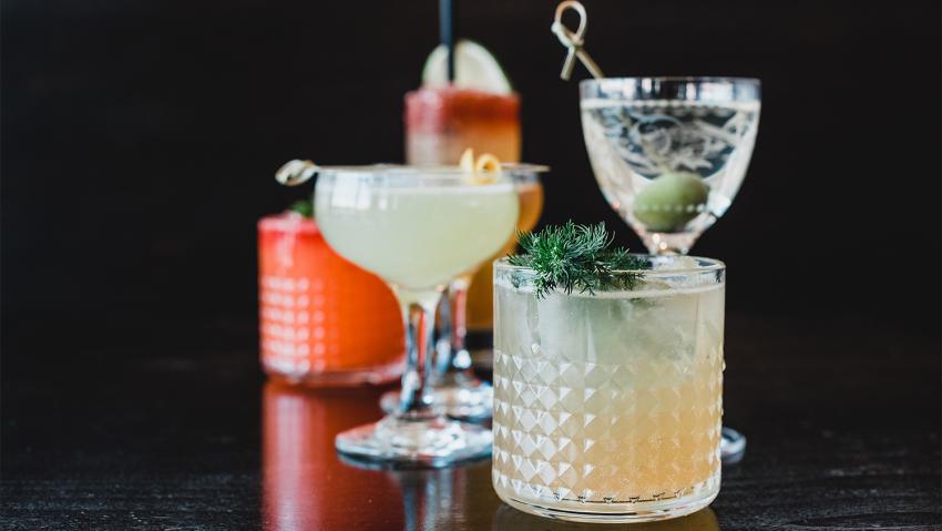 Colorful display of martinis and bourbon cocktails at Annette