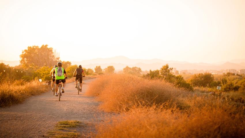 A group of friends bikes into the sunset at Cherry Creek State Park